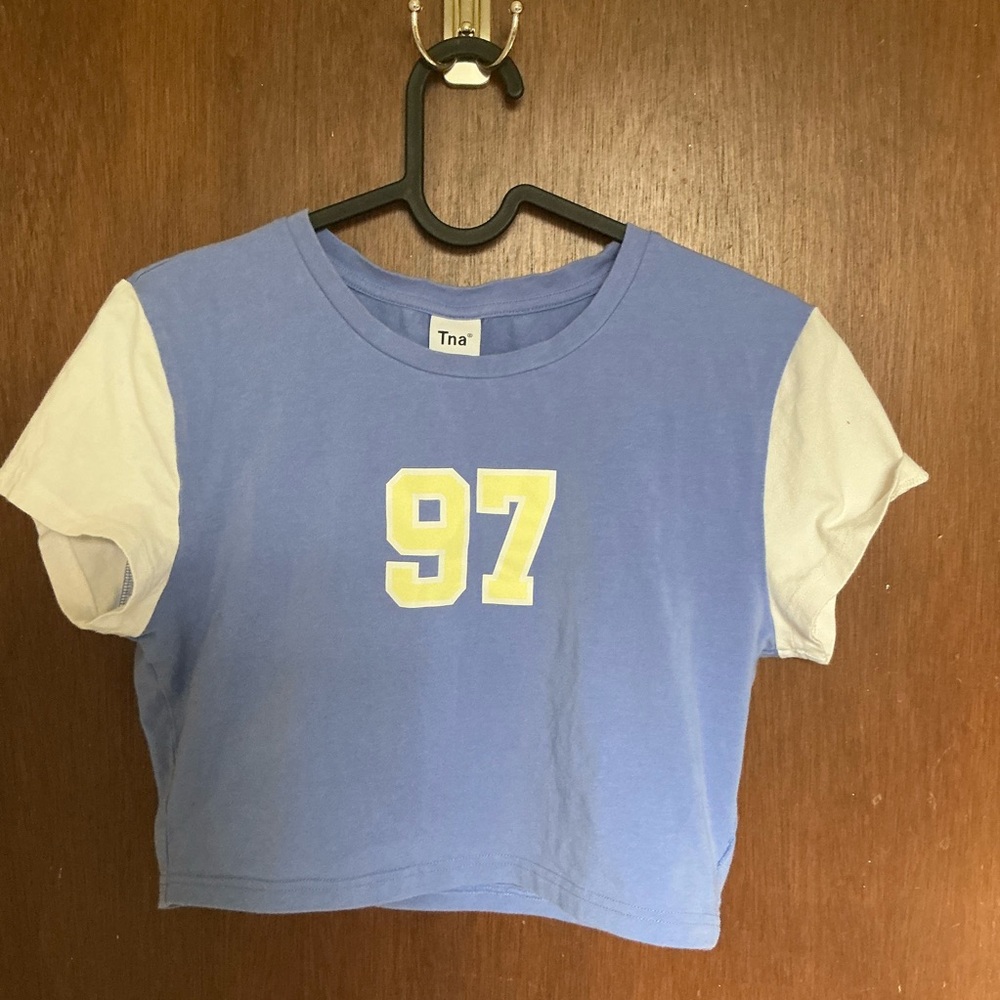 TNA Blue and White Crop Top with Yellow '97'